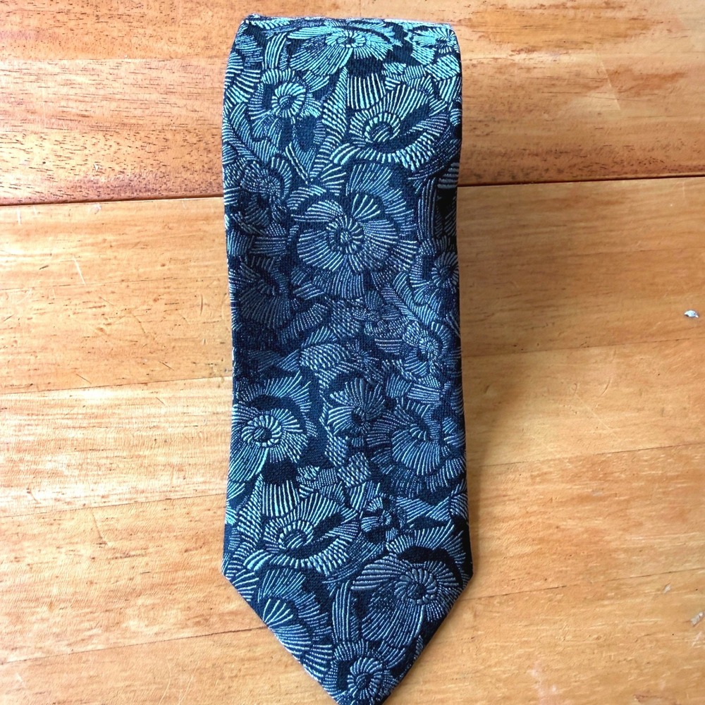 Murano Extra Long Silk Tie Black Silver Blue Floral Jacquard Woven Necktie